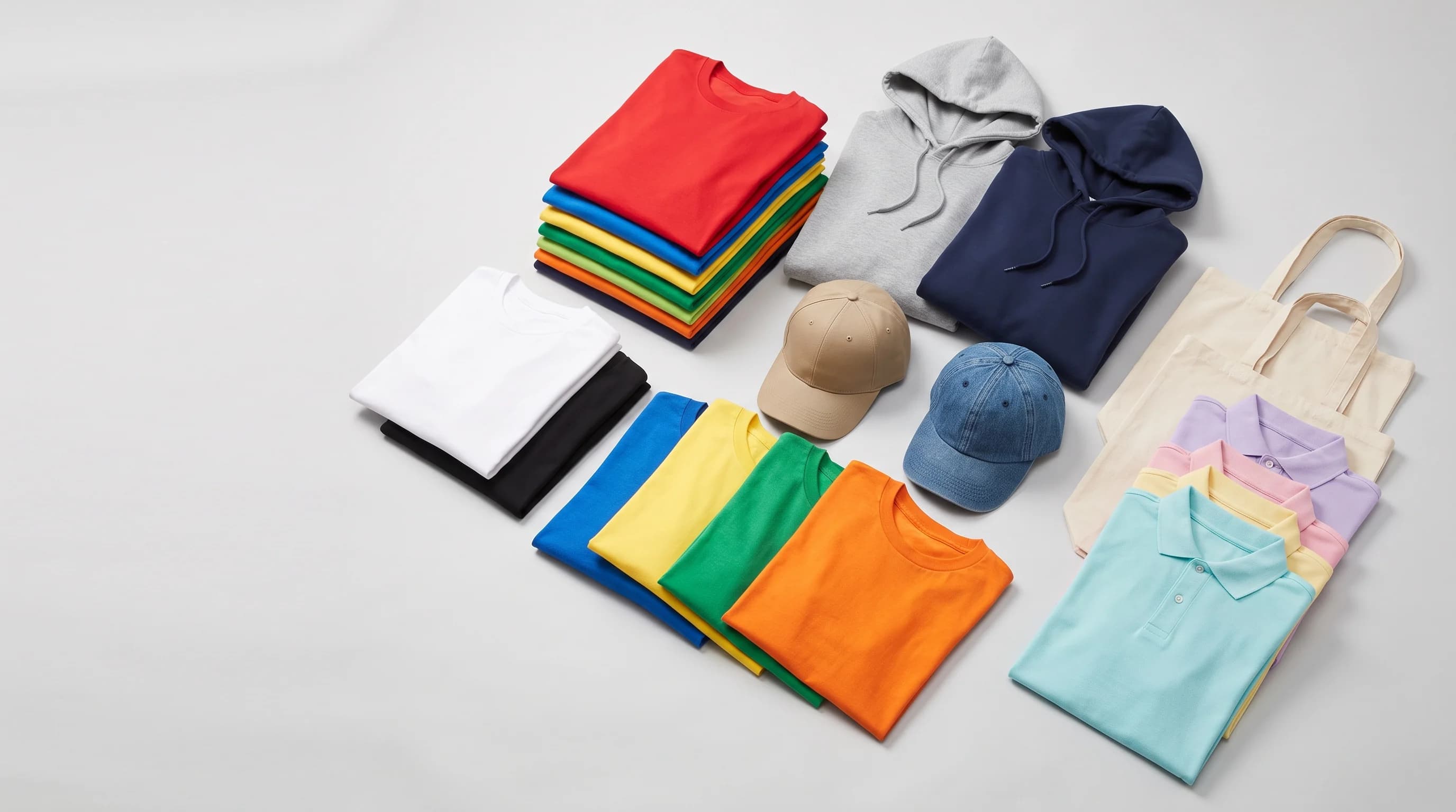 Assortment of blank custom apparel — folded t-shirts, hoodies, caps, tote bags and polos